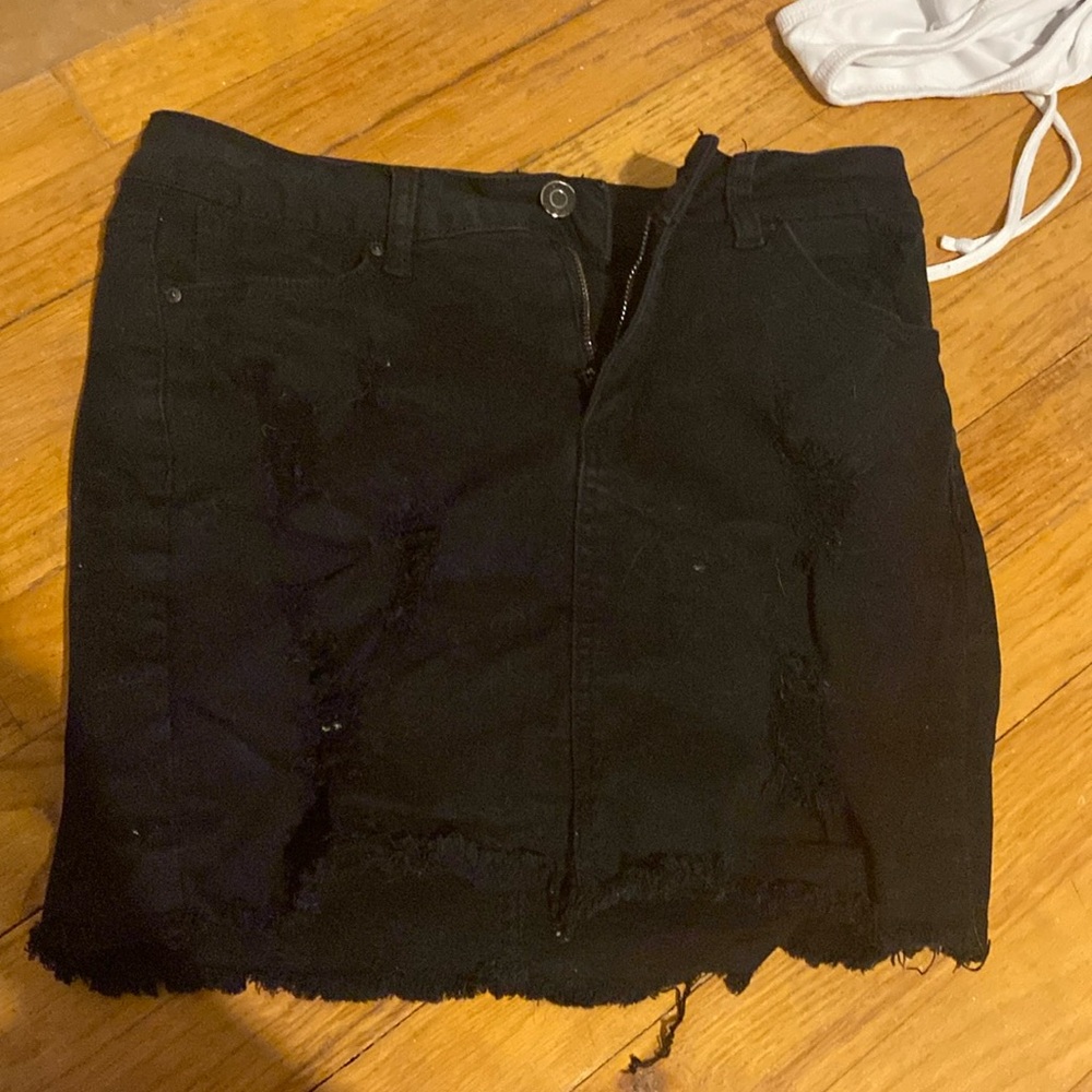 distressed black jean skirt